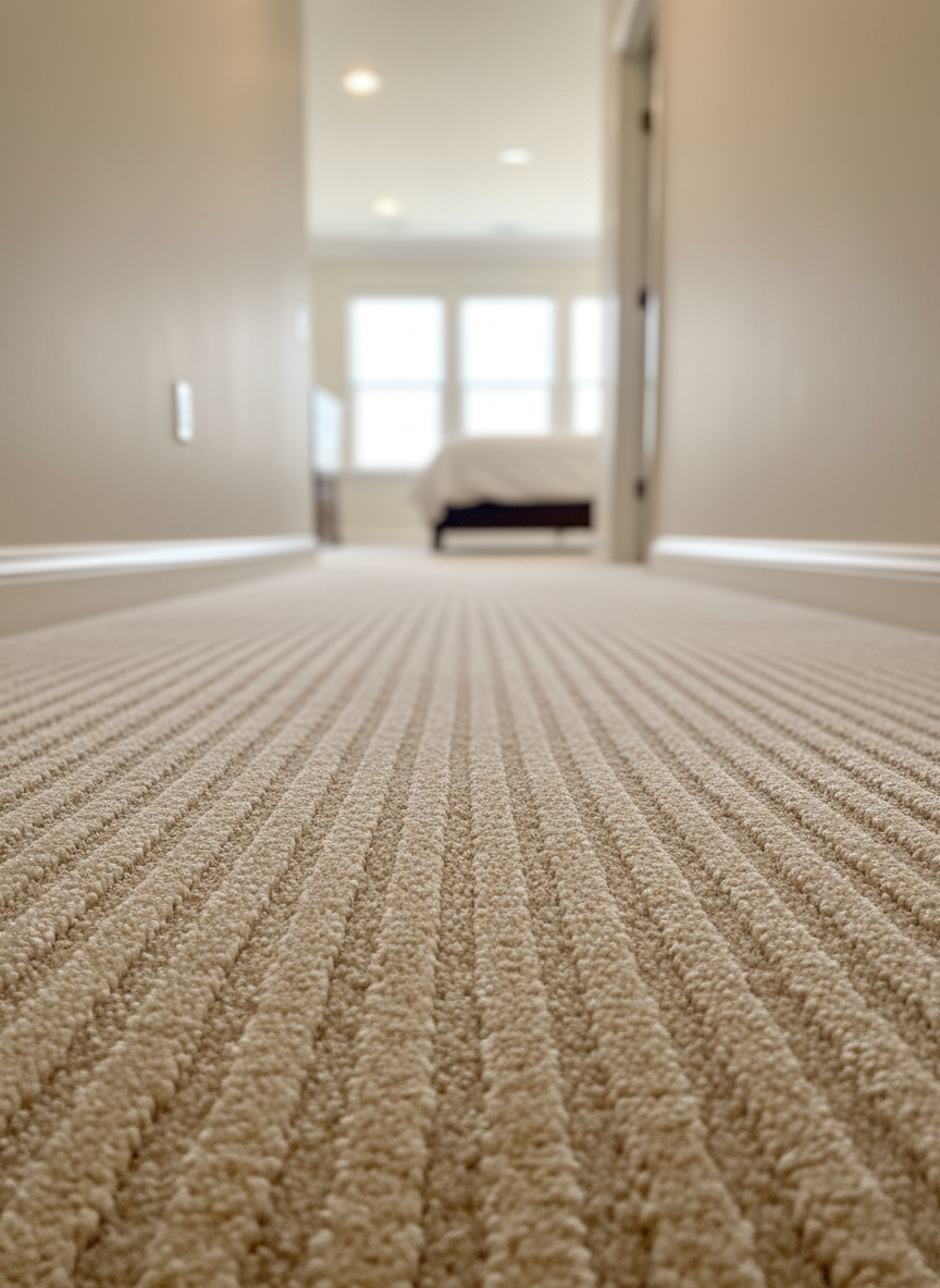 A hallway with freshly vacuumed, perfectly groomed beige carpet, showing precise parallel vacuum lines leading toward a bright, tidy bedroom, captured in photographic realism. The walls are flawlessly clean, with no scuffs or marks, and the white trim along the baseboards appears newly wiped and dust-free. Natural light pours in from the distant room, illuminating the texture of the carpet and emphasizing its cleanliness, while subtle ceiling lighting ensures even brightness throughout the corridor. Shot from a low angle near the floor, the composition focuses on the vacuum lines as the primary subject, with the rest of the hallway gently receding into the background. The mood is orderly, methodical, and quietly satisfying, conveying the meticulous attention to detail of a professional house cleaning service.
