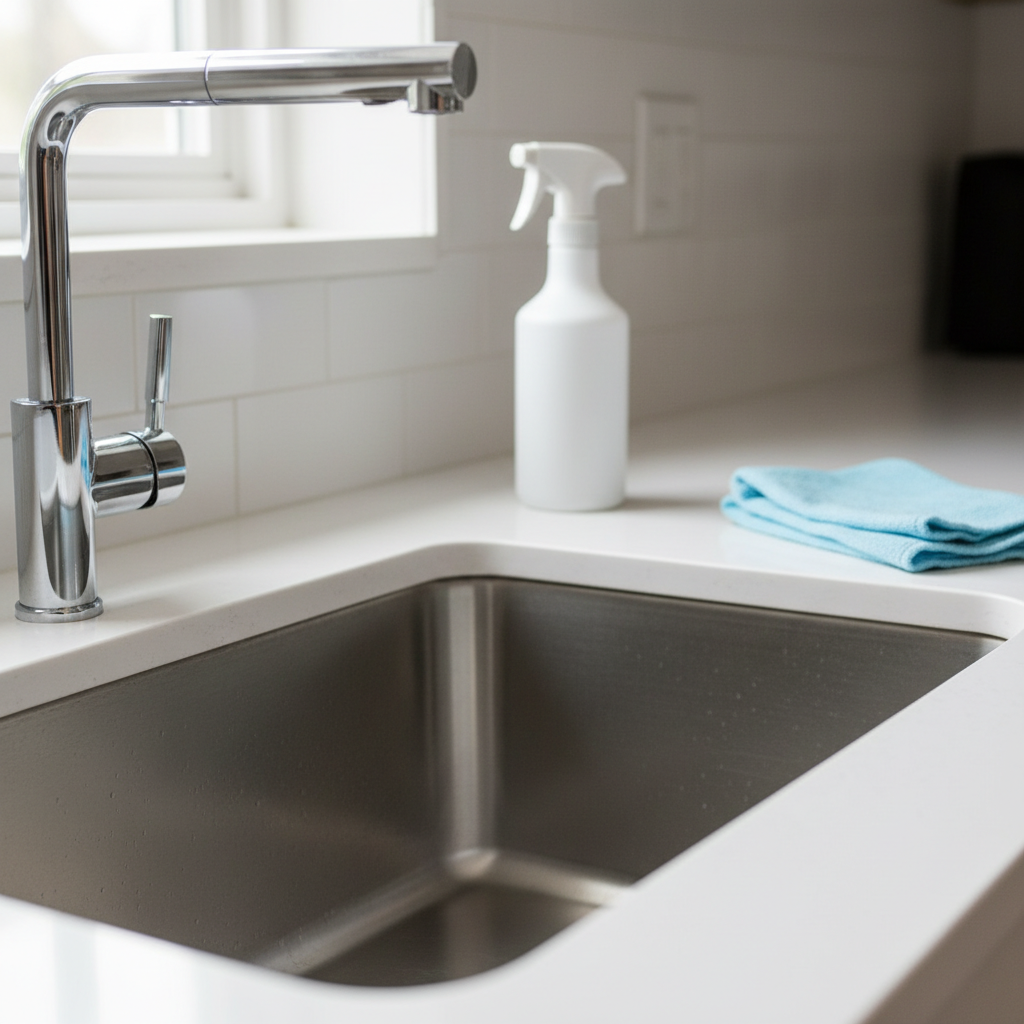 A detailed close-up in photographic realism of a pristine, freshly sanitized kitchen sink area that showcases the precision of professional cleaning. The stainless steel sink basin is spotless, with a subtle radial brushed texture and no stains or water spots, while the chrome faucet gleams with crisp reflections. The white countertop edge is perfectly clean, with the caulking line stark and unblemished. Nearby, a folded microfiber cloth and a discreet, sleek spray bottle rest on the counter, both immaculately clean. Soft, directional window light from the side creates gentle highlights on the metal surfaces and a faint reflection on the countertop. Shot at a low, intimate angle with shallow depth of field, the composition focuses on the sink and faucet, while the background falls into a soft, professional blur. The atmosphere is sanitary, precise, and trustworthy.