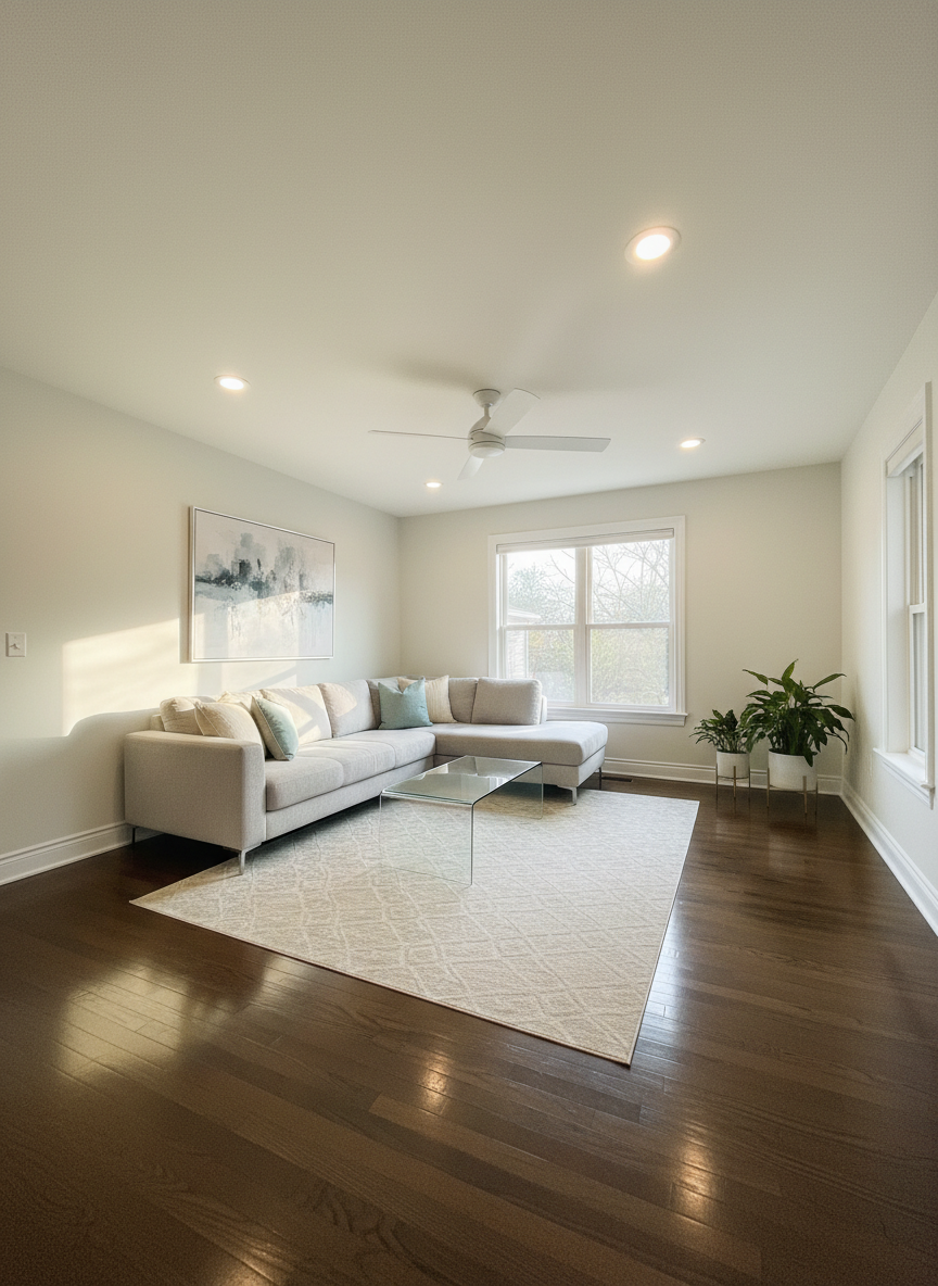 A meticulously organized, modern living room captured in photographic realism, with gleaming hardwood floors, a spotless light-gray sectional sofa, and a pristine glass coffee table free of any clutter. Every surface, from the polished white baseboards to the dust-free ceiling fan blades, reflects a subtle, well-maintained sheen. Sunlight filters through freshly cleaned, streak-free windows onto neatly aligned throw pillows and a flawless, crumb-free area rug. Shot at eye level with a slightly wide angle, the composition emphasizes the entire room, showcasing a professionally cleaned, welcoming home. Soft natural afternoon light combined with discreet recessed ceiling lights creates a bright, calm, and professional atmosphere that communicates thorough, high-quality house cleaning service.