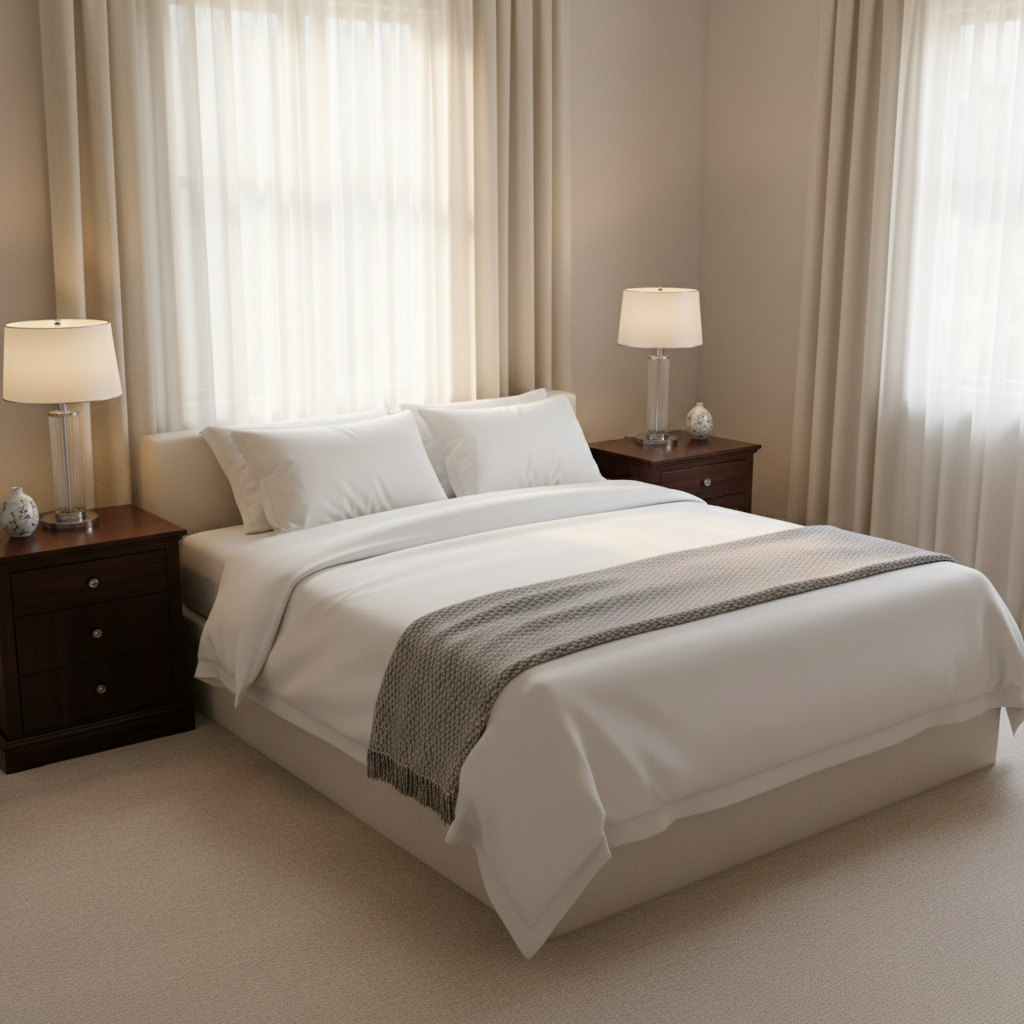 A cozy yet elegant bedroom captured in photographic realism, freshly cleaned and perfectly arranged. The neatly made bed features a smooth, wrinkle-free white duvet, precisely aligned pillows, and a subtly textured throw blanket folded at the foot. Nightstands on either side are completely dust-free, with a single, carefully placed lamp and a small decorative object on each. The hardwood floor or low-pile carpet appears pristine with no debris, and the window blinds or curtains are spotless and perfectly straight. Late afternoon light enters through a clear window, creating soft, warm illumination and faint shadows under the furniture. Shot from a corner at a slightly elevated eye level, the composition reveals the entire room in balanced, uncluttered symmetry. The mood is calm, restful, and meticulously maintained, emphasizing the transformative effect of professional house cleaning.